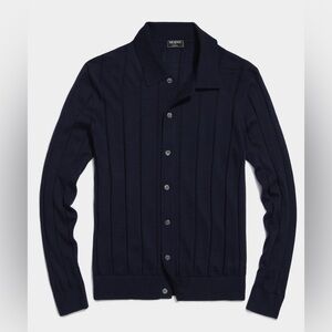 Solid Long Sleeve Full-Placket Sweater Polo in Navy | 100% Merino Wool | Medium